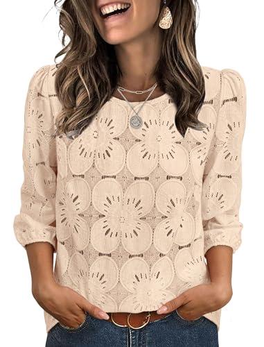 Sampeel Lace Tops for Women 3/4 Length Sleeve T Shirts Dressy Casual Ladies Work Blouses Summer Spring Tops 2026 Eyelet Western Outfits Fall Fashion Clothing Winter Old Money Clothes Apricot, Medium