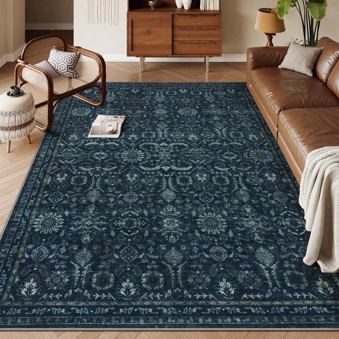 Lahome Navy Blue 8x10 Area Rugs for Living Room,Boho Machine Washable Dining Room Area Rugs,Dark Vintage Thin Stain Resistant Carpets for Bedroom Dorm Home Office