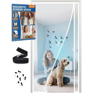 Magnetic Screen Door Left Right Side Opening Polyethylene Terephthalate Mesh Greater Than Fiberglass and Polyester Easy Install (Screen 32"x98", White)