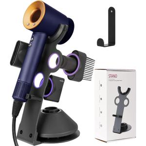Hair Dryer Holder Stand for Dyson Hair Dryer, Upgraded Dyson Hair Dryer Holder Dyson Hair Dryer Stand Black to Store 5 Dyson Hair Dryer Attachments with Cable Hook