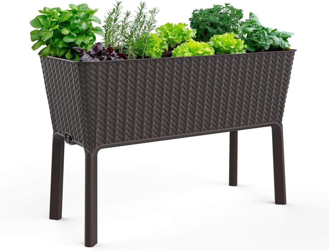 Keter Splendor 31.7 Gallon Raised Garden Bed with Self Watering Planter Box and Drainage Plug-Perfect for Growing Fresh Vegetables, Flowers and Herbs, Brown