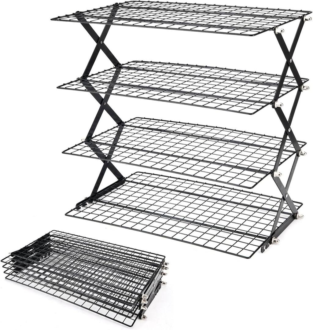 2/3/4-Tier collapsible cooling rack for baking,Folding Cooling Grid,Adjustable Stackable Roasting Cooking Drying Wire Cooling Rack for Cookies Baking (Black)