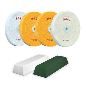 SALI 4 Pack Polishing Wheel for Bench Grinder - 6 Inch Buffing Wheel Set (2 Yellow Cotton, 2 White Cotton) - Buffer Polisher Pad With 1/2'' Arbor Hole and Polishing Compound Kit