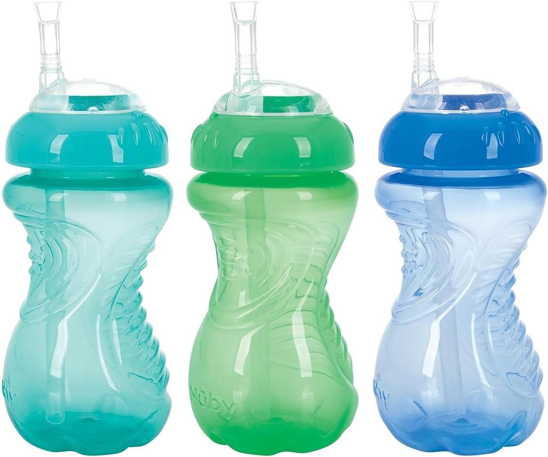 Nuby 3 Pack No Spill Flex Straw Toddler Sippy Cups - Toddler Cups Spill Proof with Easy and Firm Grip - Green, Blue, Aqua