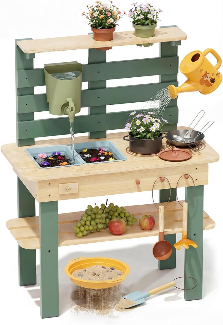 Lehoo Castle Mud Kitchen for Kids Outdoor, Wooden Play Kitchen with Real Faucet Sink, Pretend Play Kitchen Playset for Sensory Fun, Water, Cooking & Planting Toy for Toddler Boys Girls Ages 3+, 35.4"H x 14.2"W x 27.6"L