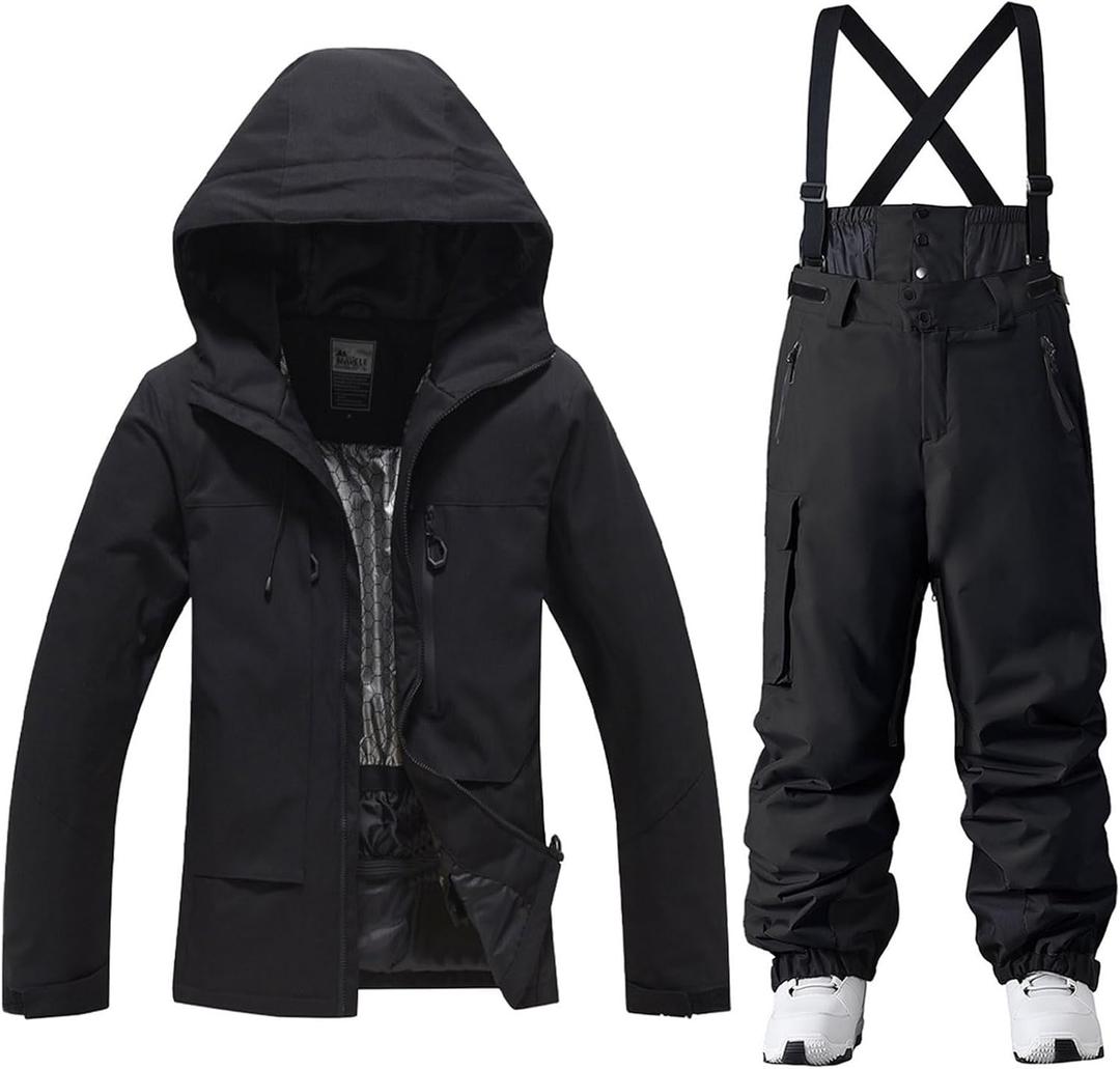 YEEFINE Men's Ski Suit Two Piece Waterproof Ski Jacket and Pants Set Outdoor Windproof Winter Snow Comfy Warm Snowsuits (Black, S)
