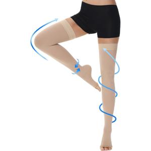 Ailaka Thigh High Medical Compression Stockings for Women Men, Open Toe Firm 20-30 mmHg Graduated Compression with Silicone Band for Varicose Veins, Edema, Post-Surgery (Small (1 Pair), Beige)