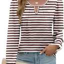 Womens Long Sleeve Tops Dressy Business Casual Blouses Basic Loose Fit V Neck Work Shirt 2024 Fall Clothes Outfits (Large, Striped Brown White)