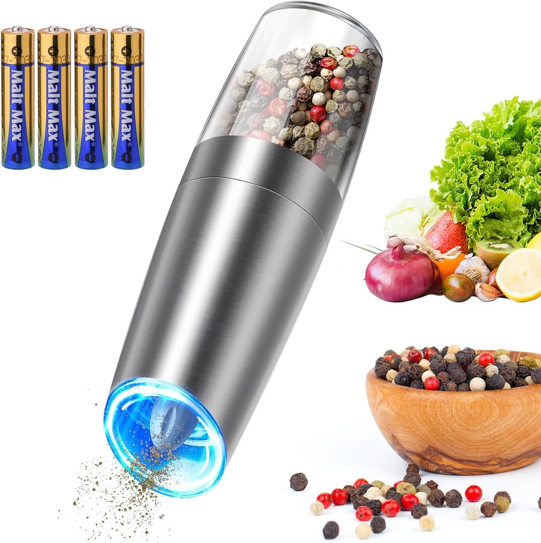 CIRCLE JOY Stainless Steel Graviry Electric Pepper Grinder Automatic Salt Grinder Pepper Griner Mill Electric, Battery Operated, LED Light, Adjustable Coarseness, for Home Kitchen BBQ, Silver