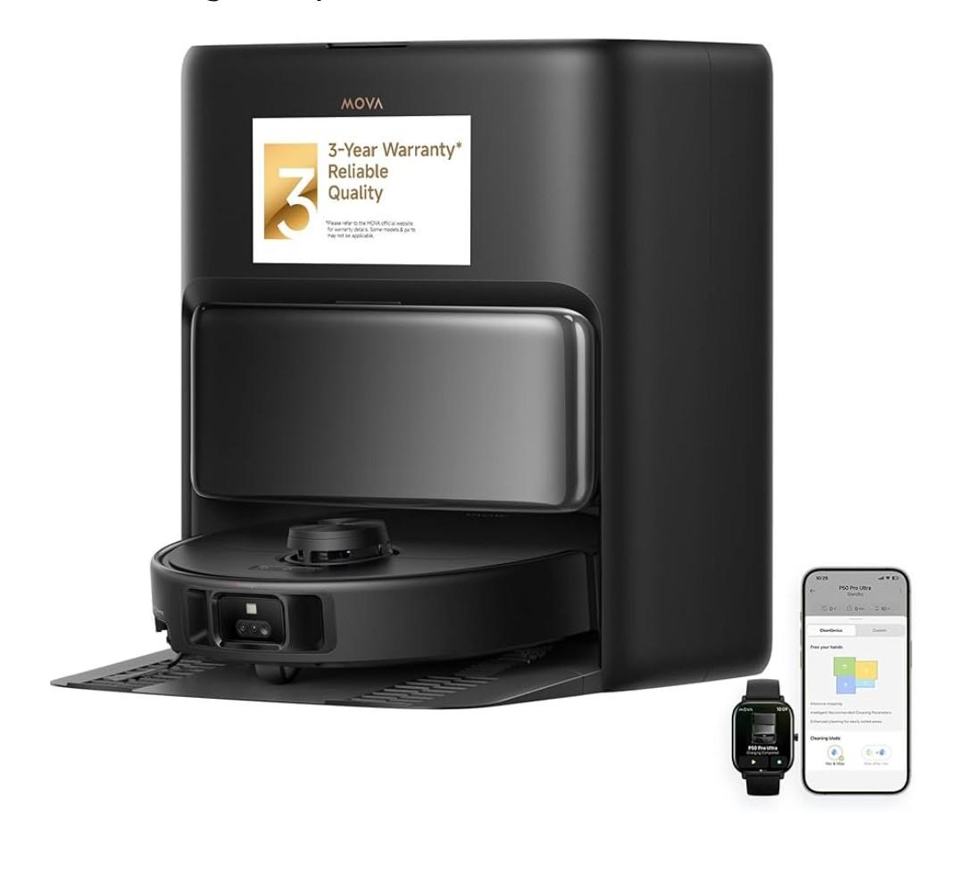 Mova P50 Pro Ultra Robot Vacuum and Mop, 19,000Pa Suction with Anti-Tangle Brush, Removable & Liftable Mop for Carpet & Floor, 167℉ Mop & Washboard Self Drying & Cleaning, Auto Empty & Refill, Black