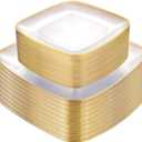 bUCLA 100PCS Clear and Gold Plastic Plates Disposable - Square Gold Heavy Duty - Include 50 Each (Dinner & Dessert) Plates for Party & Thanksgiving