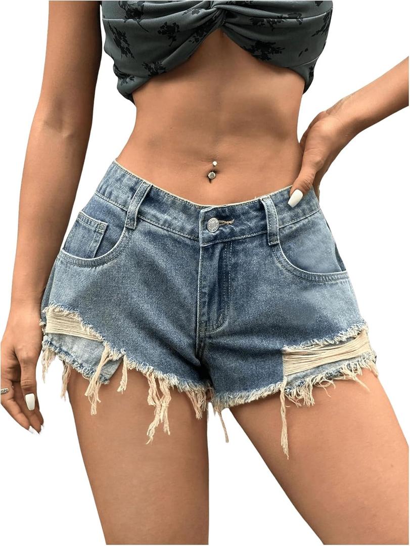 Women's Ripped Raw Hem Denim Shorts Retro Low Rise Jeans Shorts with Pockets (Blue)
