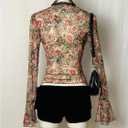 Floerns Women's Floral Mesh Long Sleeve Boho Tops V Neck Tie Front Ruffle Fairy Going Out Blouses Top (Brown, L)