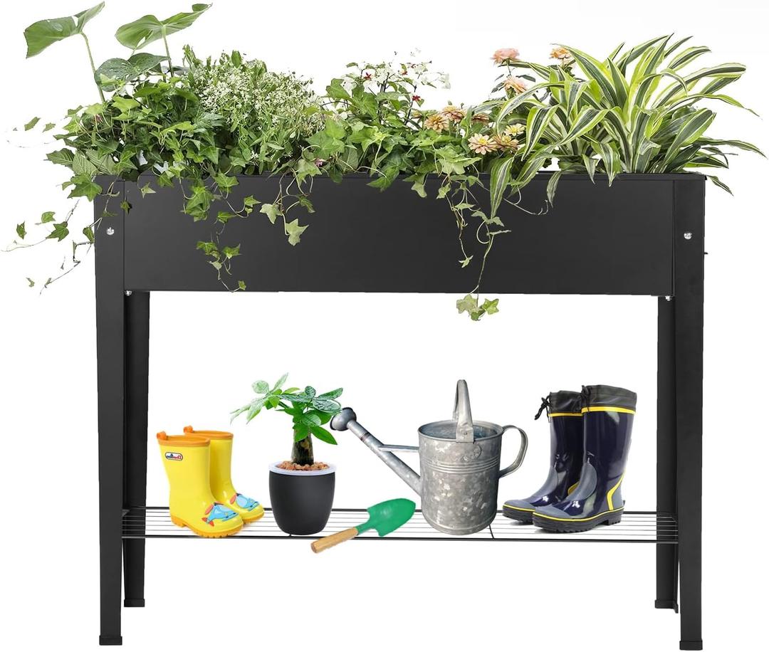 Piksedo Raised Garden Bed, Elevated Planter Metal Plant Box with Legs Standing Garden Stand Drainage Holes Frosted Black (39.37" L x 10.63" W x 31.5" H)