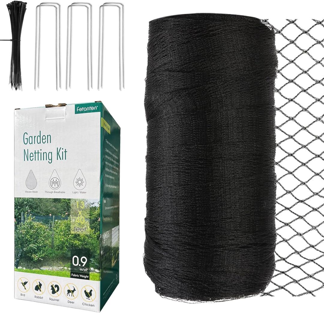 Bird Netting for Garden, Fetanten 13 x 40 FT Netting for Garden Protection Vegetables Fruit Trees Blueberry from Birds Deer Poultry, Heavy Duty Woven Mesh Net Animal Fencing with Ties and Staples