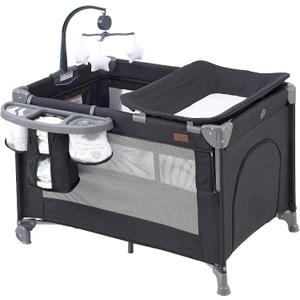 ACCOMBE 5 in 1 Baby Bedside Sleeper,Baby Pack and Play with Bassinet & Mattress,Portable Bedside Crib with Storage, Playard with Bassinet from Newborn to Toddlers(Dark Grey) (Light Gray)