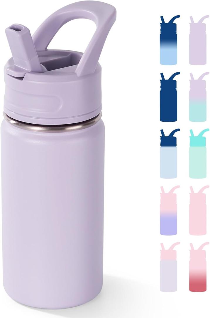 12oz Kids Water Bottle for School, Toddler Bottles with Straws, Stainless Steel Vacuum Insulated Water Bottle for Boys&Girls, Leak-Proof, BPA-Free, Purple