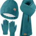 Winter Beanie Hat Scarf Gloves, Warm Fleece Knit Hat Long Scarf Neck Warmer Touch Screen Winter Gloves Set Gifts for Women (Blue Green)