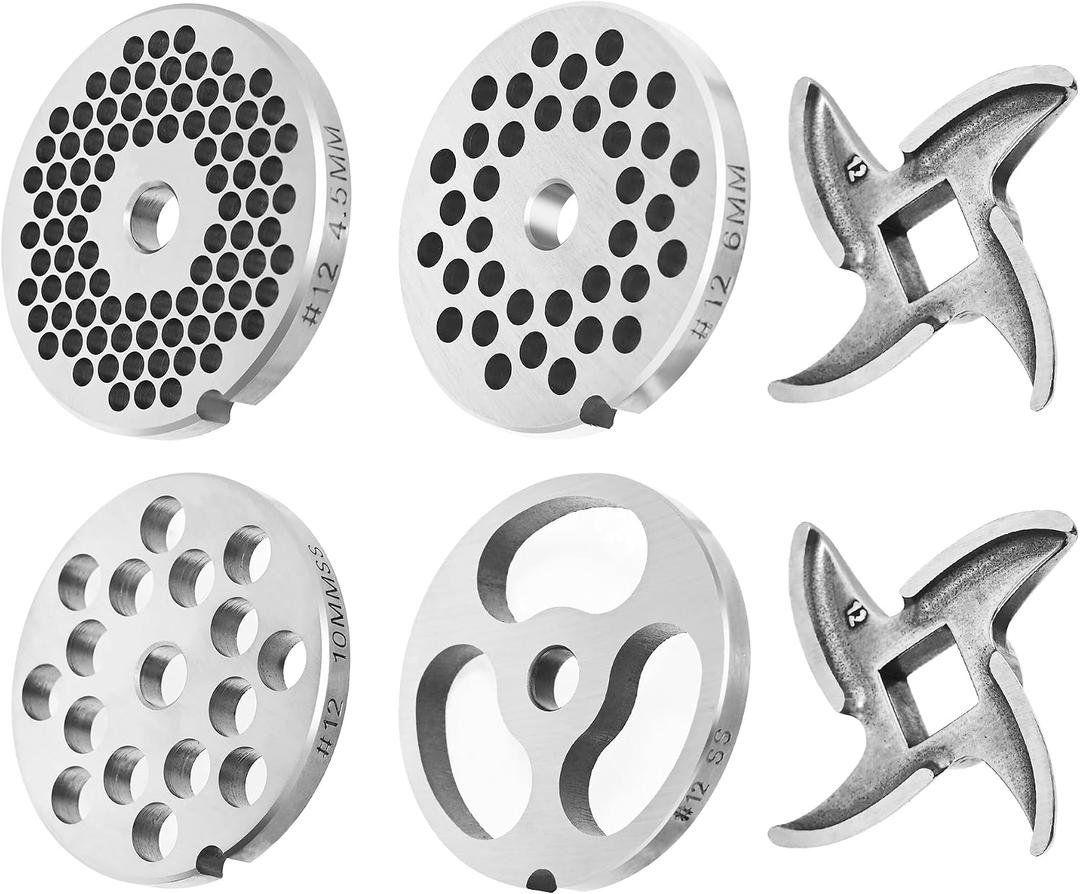 #12 Stainless Steel Grinder Plate Assortment Comes with 4 Stainless Steel Grinder Plates and 2 Knives