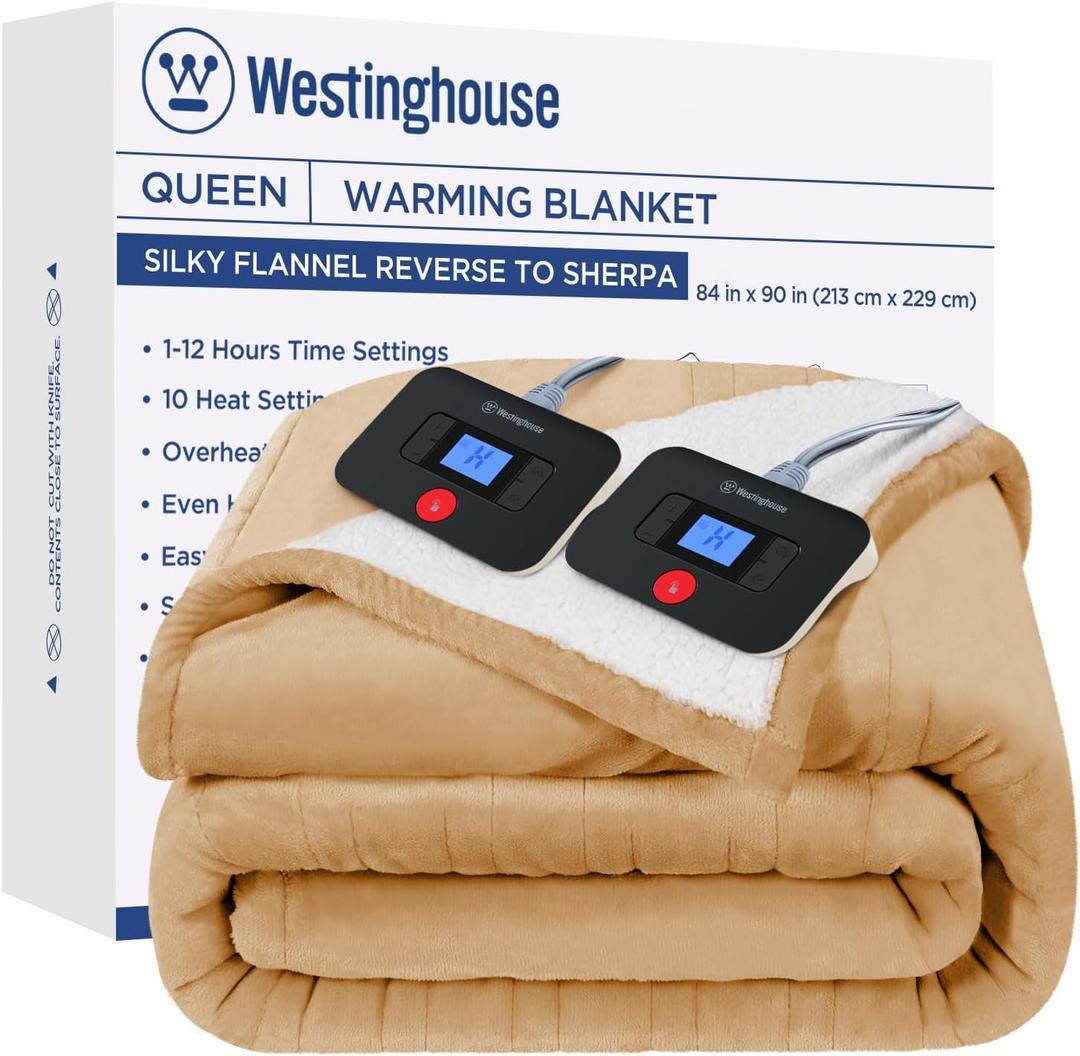 Westinghouse Electric Blanket Queen, Heated Blanket Queen Size with 10 Heating Levels and 1 to 12 Hours Heating Time Settings, Flannel to Sherpa Reversible, Machine Washable (84" x 90", Brown) (Queen 84"x90")