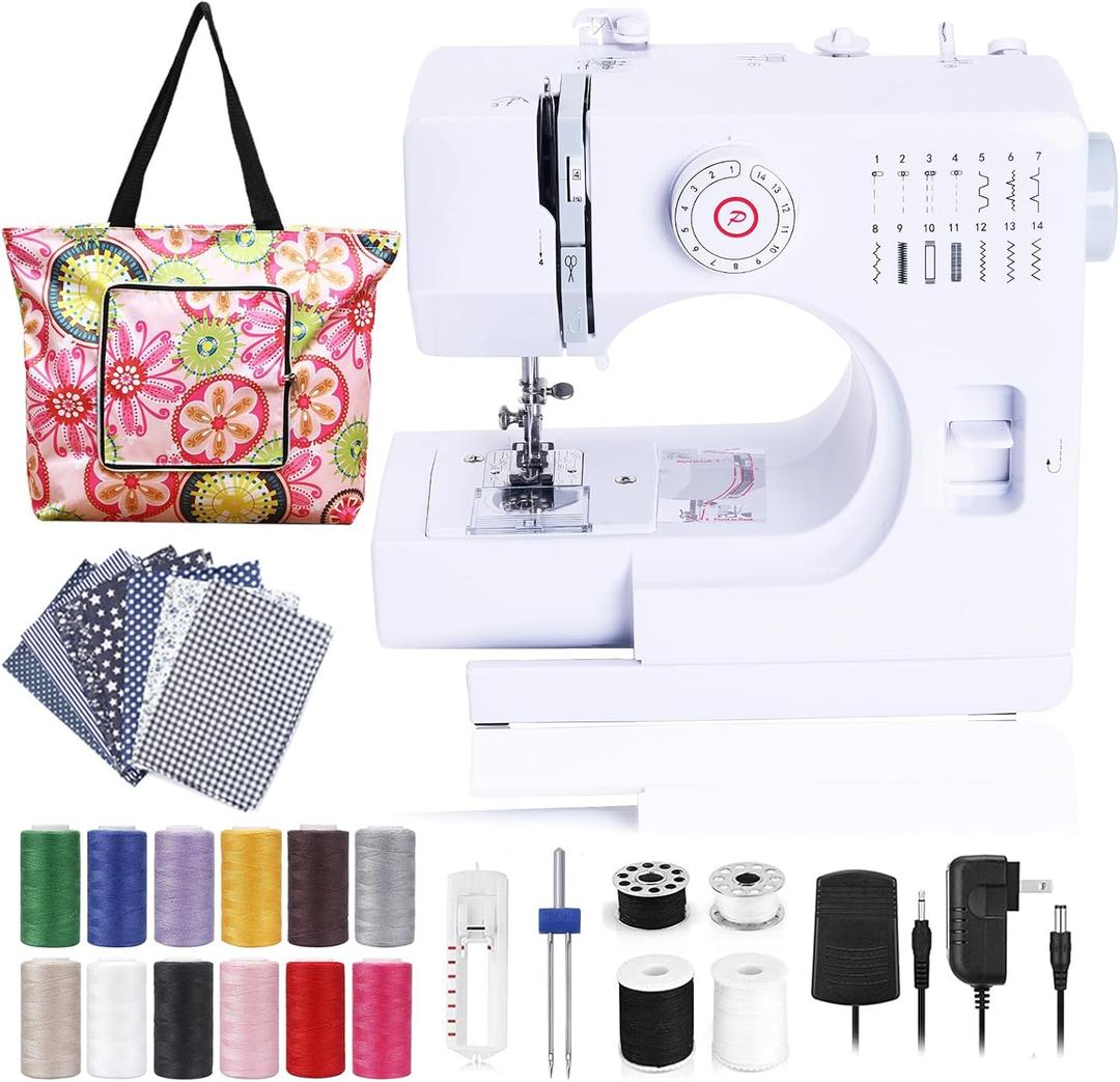 Sewing Machine for Beginners, Electric Mini Portable, 14 Built-in Stitches with Reverse Sewing, 2 Speeds Double Thread with Foot Pedal, Storage Bag, Cotton Fabric and Threads (White)