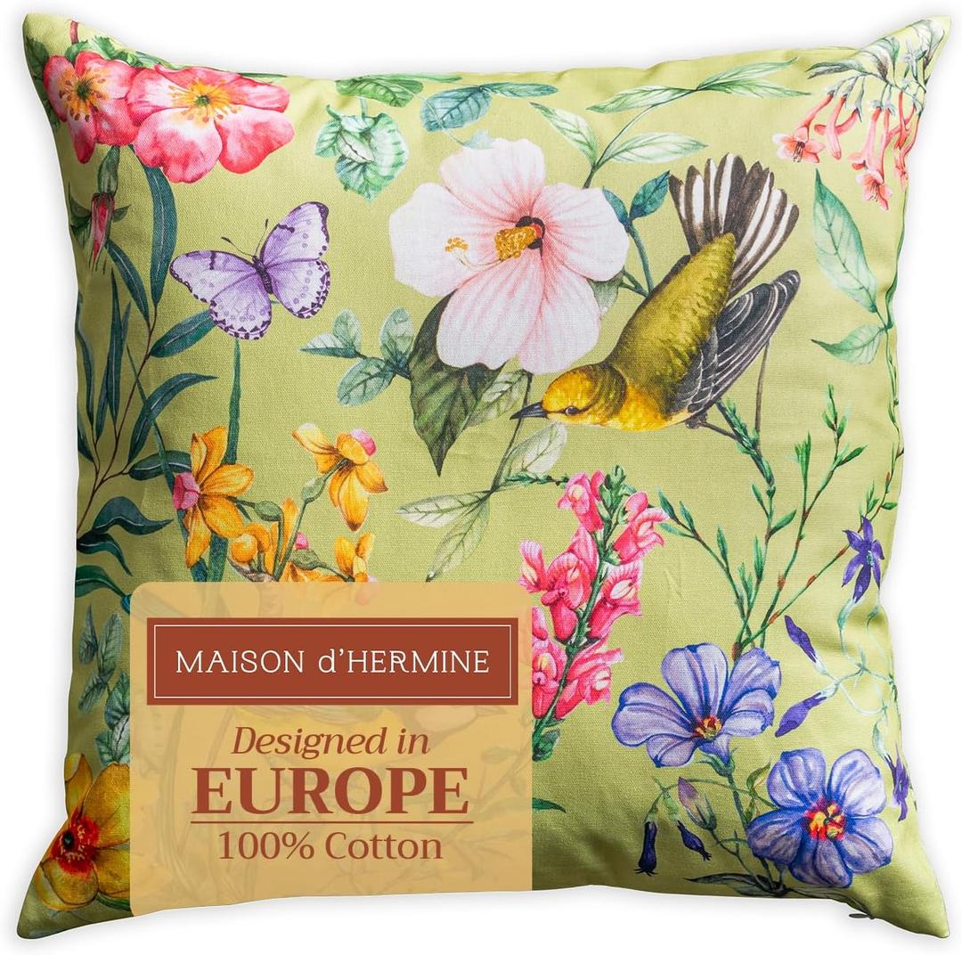 Maison d' Hermine Decorative Pillow Covers 18 x 18 inch Square 100% Cotton Throw Pillow Covers with Invisible Zipper for Living Room Couch Chair Sofas Spring Summer (Hesperides - Oiseaux)