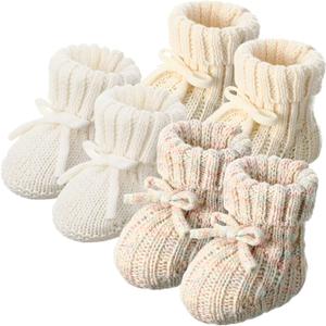 3 Pairs Knitted Baby Booties 0-6 Months Newborn Baby Shoes First Walkers Cozy Shoes for Infant Boy Girl (Gradient, Beige, White)