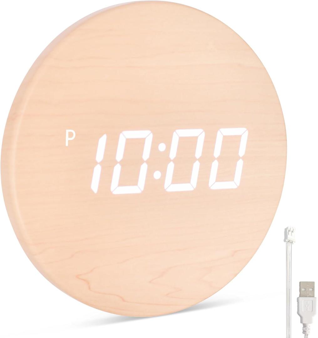 Minimalist LED Digital Wall Clock  USB Powered | Wooden, 12/24 Hour, Night Mode, Silent Clock | Aesthetic Room Decor for Kitchen, Living Room, Bedroom, Classroom, Office (9 in)