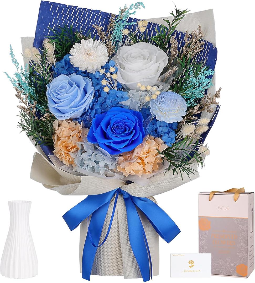 Preserved Flowers Bouquet - Forever Flowers for Delivery, Real Eternal Roses Bouquet, Mothers Day Gifts for Mom Grandma Wife, Anniversary Birthday Gifts for Women, Blue