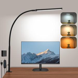 Led Desk Lamp for Home Office, Eye-Caring Desk Light with Clamp, Clip on Light for Reading, 3 Modes 10 Brightness, Flexible Goose-Neck, Memory Function, Study, Work, Draw, Black