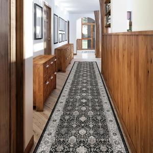 Hallway Washable Runner Rug - 2'6x12 Kitchen Rugs Entryway Rug Runner Vintage Soft Floor Mat Non Slip Indoor Farmhouse Carpet for Bathroom Living Room Bedroom (2'6''x12', Black)