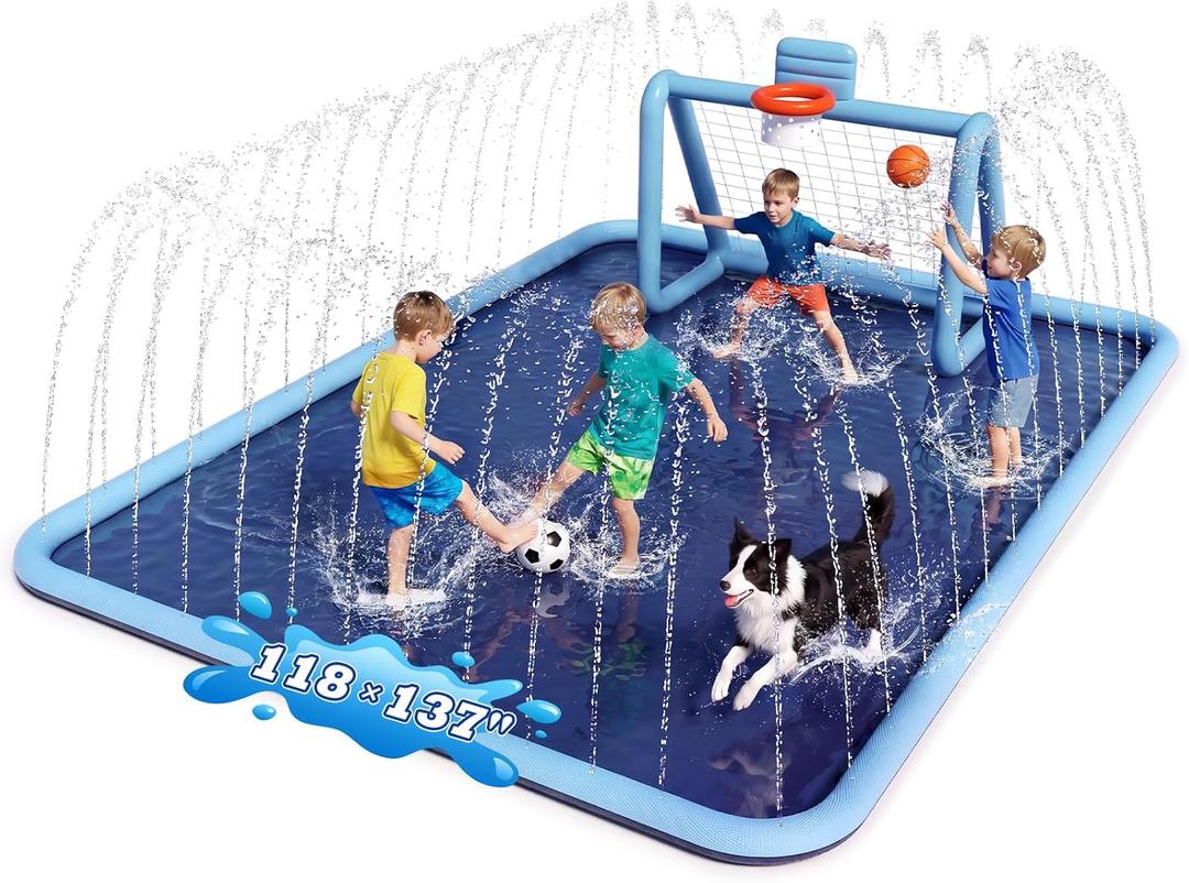 Splash Pad for Kids, 3-in-1 Sprinkler Splash Pad with Soccer Goal & Basketball Hoop, 118"x137" Extra Large Non-Slip Water Play Mat, Outdoor Water Toys for Kids, Backyard Summer Fun