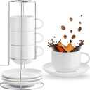 Mfacoy 8 Ounce Porcelain Cappuccino Cups with Saucers and Metal Stand, Stackable Coffee Cups for Specialty Coffee Drinks, Cappuccino, Latte, Espresso, Americano and Tea - White Cups Set of 4