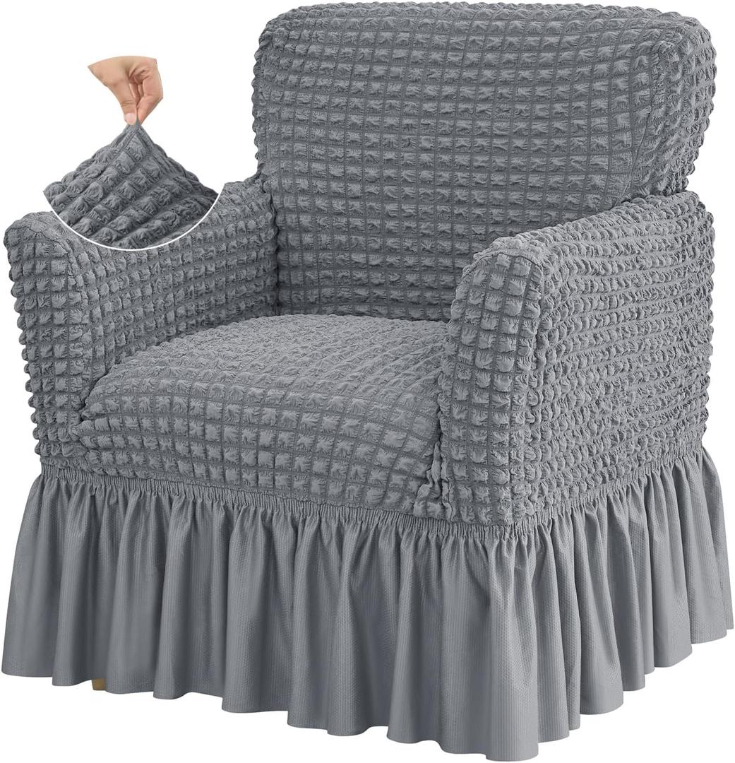 Stretch Seersucker Armchair Slipcovers with Skirt, 1-Piece Chair Cover with Arms, Soft Stretch Accent Chair Slipcovers, Non-Slip Washable Furniture Protector for Living Room Decor (Gray)