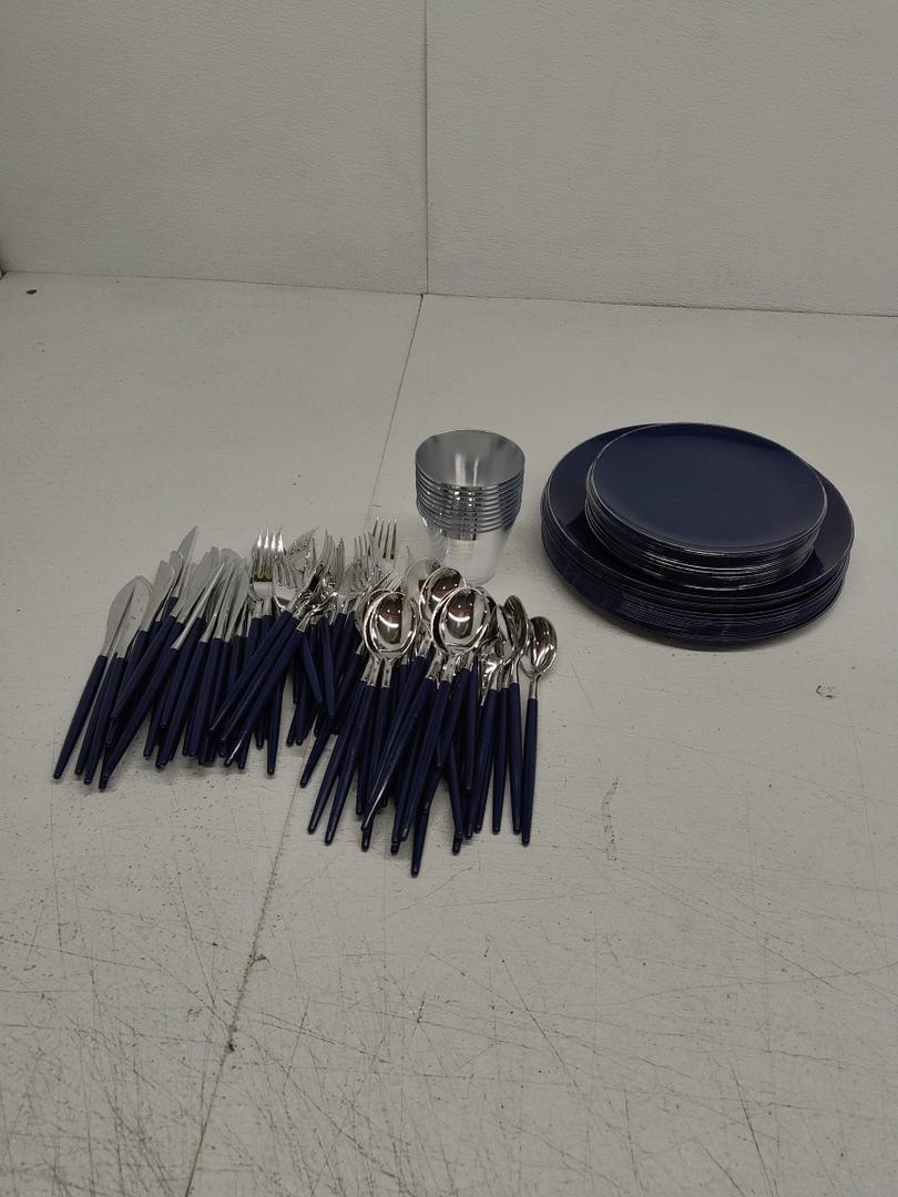 KIRE 175Pcs Blue Plastic Plates with Silver Rim & Disposable Silverware with Blue Handle & Silver-rim Cups & & Plastic Dinnerware for Parties/Wedding Blue KIRE 175Pcs Blue Plastic Plates with Silver Rim & Disposable Silverware with Blue Handle & Silver-rim Cups & & Plastic Dinnerware for Parties/Wedding Blue