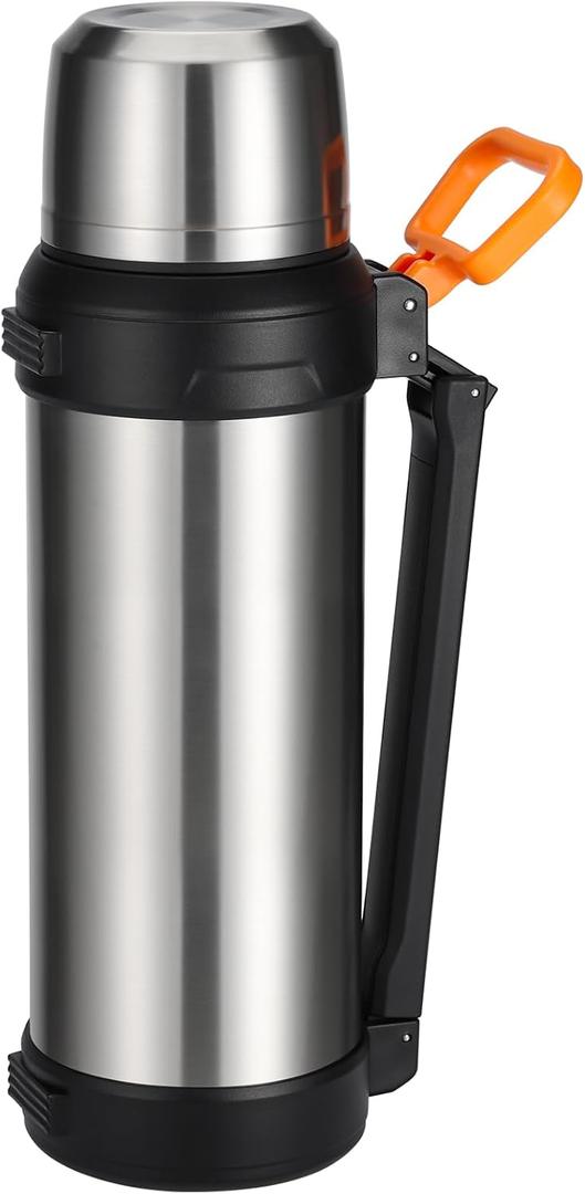 MUCR 88oz Large Coffee Thermo for Travel, 2500ml Insulated Stainless Steel Water Bottle with Cup and Handle, Water Jug for 24hr Hot and Cold drinks, Vacuum Flask for Camping, Fishing & Working, Silver