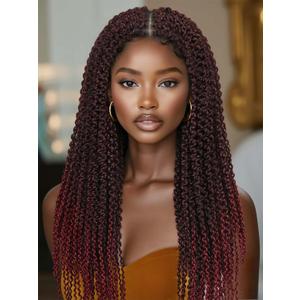 WIGER Full Double Lace Braided Wigs Two Twist Braid Curly Wig Glueless Synthetic Spiral Coiled Braid Wigs Pre Plucked with Baby Hair Ombre Burgundy Knotless Braided Wig for Black Women