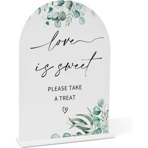 Greenery Love is Sweet Sign, 8 x 11 Inch White Arch Acrylic Wedding Sign with Holder, Wedding Sign for Ceremony and Reception, Wedding Decoration, Wedding Supplies - H25