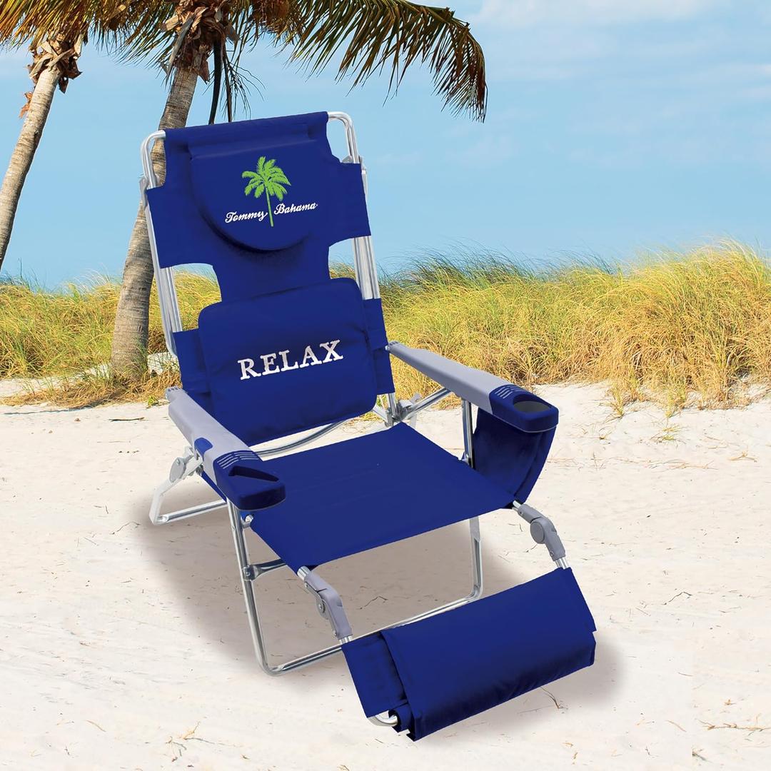 Tommy Bahama 4-Position Face-Opening Read Through Lounger with Ottoman, Portable Folding Beach Chair, Navy, 35" D X 30.5" W X 41" H
