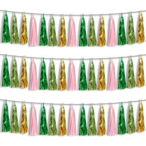 3P Sage-Green Pink-Gold Foil Fringe Metallic Tassel Garland, Tassels Banner Streamers for Parade Floats, Bachelorette, Wedding, Birthday, Halloween, Christmas, Bridal/Baby Shower Party Decorations