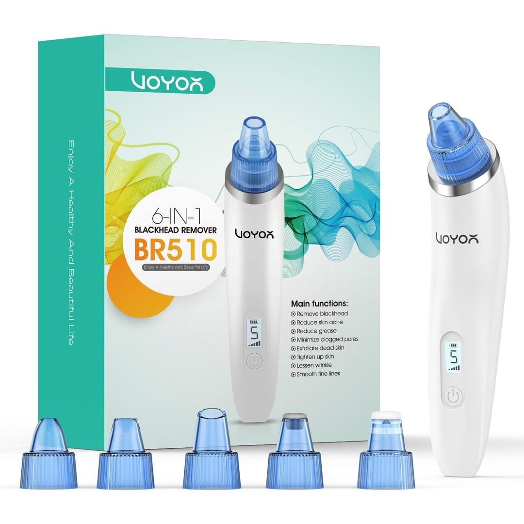 VOYOR Blackhead Remover Pore Vacuum - Black Head Remover for Face with LCD Screen, 5 Suction Levels and 6 Replaceable Heads, USB Rechargeable Face Vacuum Pore Cleaner for Women and Men (BR510)