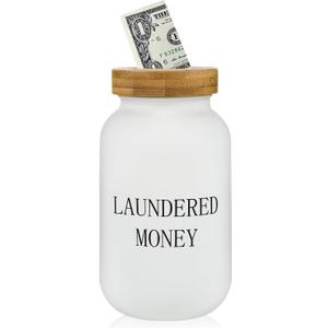 Laundry Room Coin Jar - Glass Mason Jar with Money Slot & Bamboo Lid - Rustic Piggy Bank for Laundry Room & Farmhouse Style Home Decor (White)