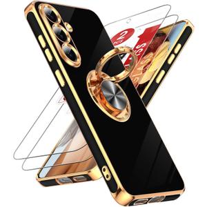 LeYi for Samsung Galaxy S25-FE Case: [   ] 2 Pack Screen Protector and 360 Rotatable Ring Holder Magnetic Kickstand, Plating Rose Gold Edge Cell Basic Funda para S25FE, Black