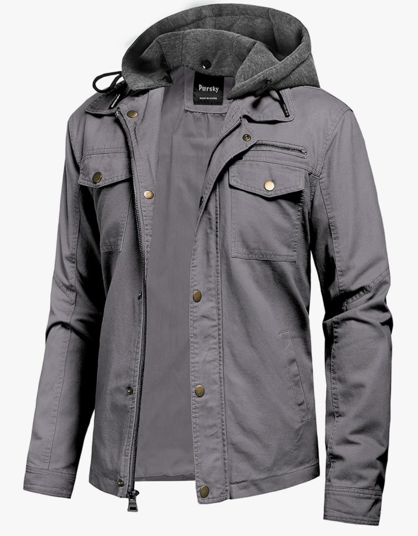 Pursky Men's Canvas Cotton Military Casual Field Jacket Outerwear With Removable Hood, Size M