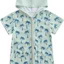 Toddler Boy Terry Cloth Swim Cover Up Tree/Dinosaur Print Zip Up Hooded Towel Coverup Little Kids Pool Beach Kimono, Size 110