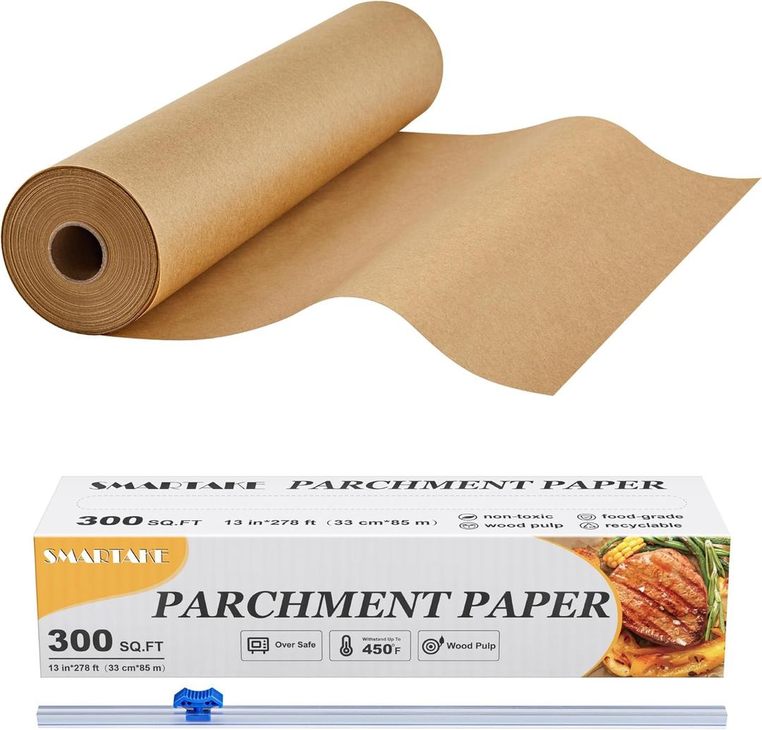 SMARTAKE Parchment Paper Roll for Baking, 13 in x 278 ft, 300 sq.ft, Non-Stick Baking Paper Sheets with Slide Cutter, Heavy Duty Extra Long, for Kitchen Baking Cooking Grilling Steaming, Unbleached