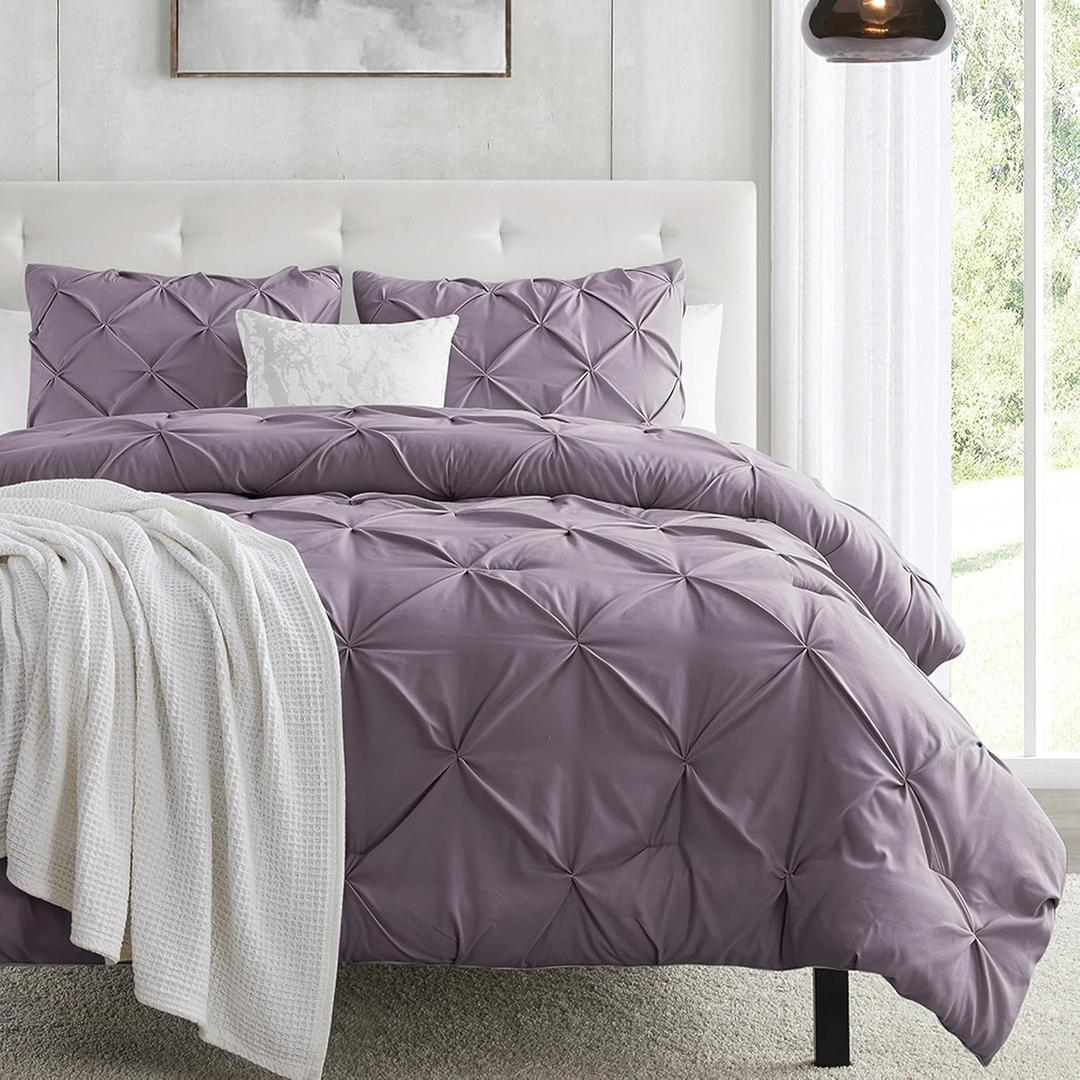 Nestl Grayish Purple Duvet Cover Queen Size - Soft Double Brushed Duvet Set with Button Closure & Corner Ties, 3 Piece Luxurious Pinch Pleated Duvet Cover Set 90x90 Inches with 2 Pillow Shams