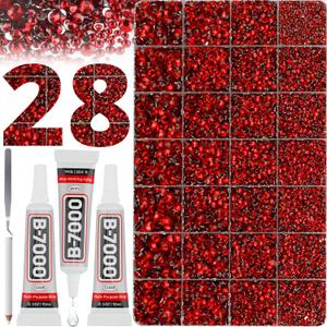 36000Pcs Red Rhinestones Gems for Bedazzling Bedazzle, Siam Crystal Stone Flatback Diamond Jewel Bedazzler Kit for Crafting Crafts Clothes Clothing, Resin Gemstone Flat Back 2-6MM and B7000 Glue