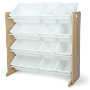 Humble Crew Toy Storage Organizer with 12 Removable Storage Bins for Kids Playroom, 4-Tier Toddler Toy Organization, Natural Wood/White