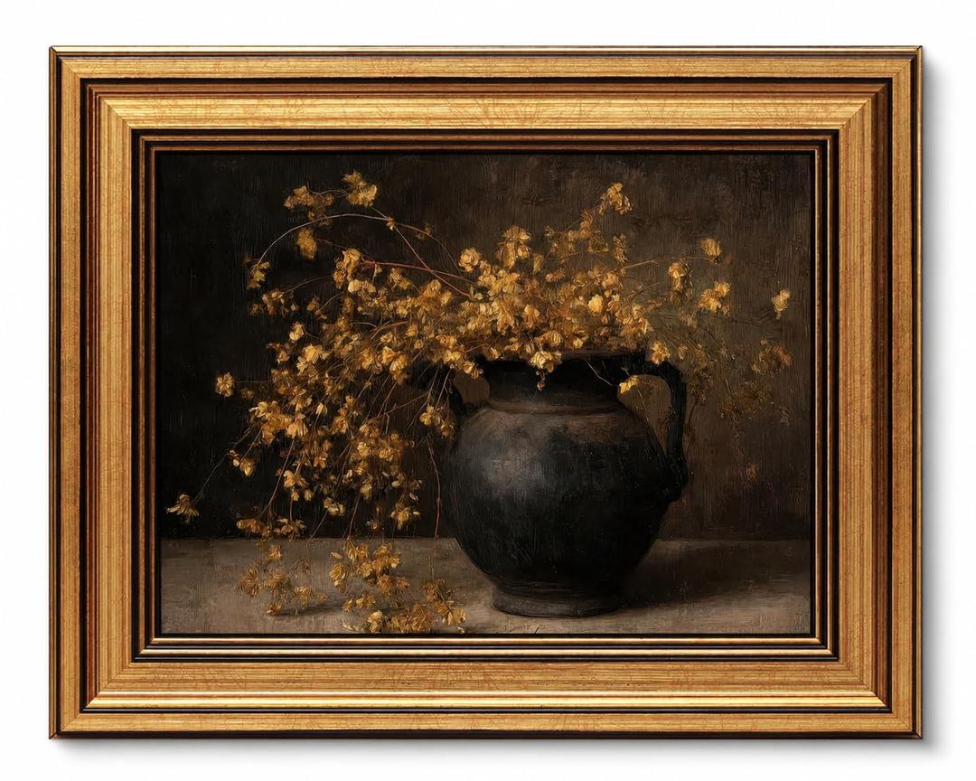 Vintage Gold Framed Floral Wall Art Rustic Dark Moody Flower Painting Picture Wall Decor Farmhouse Still Life Botanical Poster Print Artwork for Living Room Kitchen Bedroom Bathroom Home Decoration